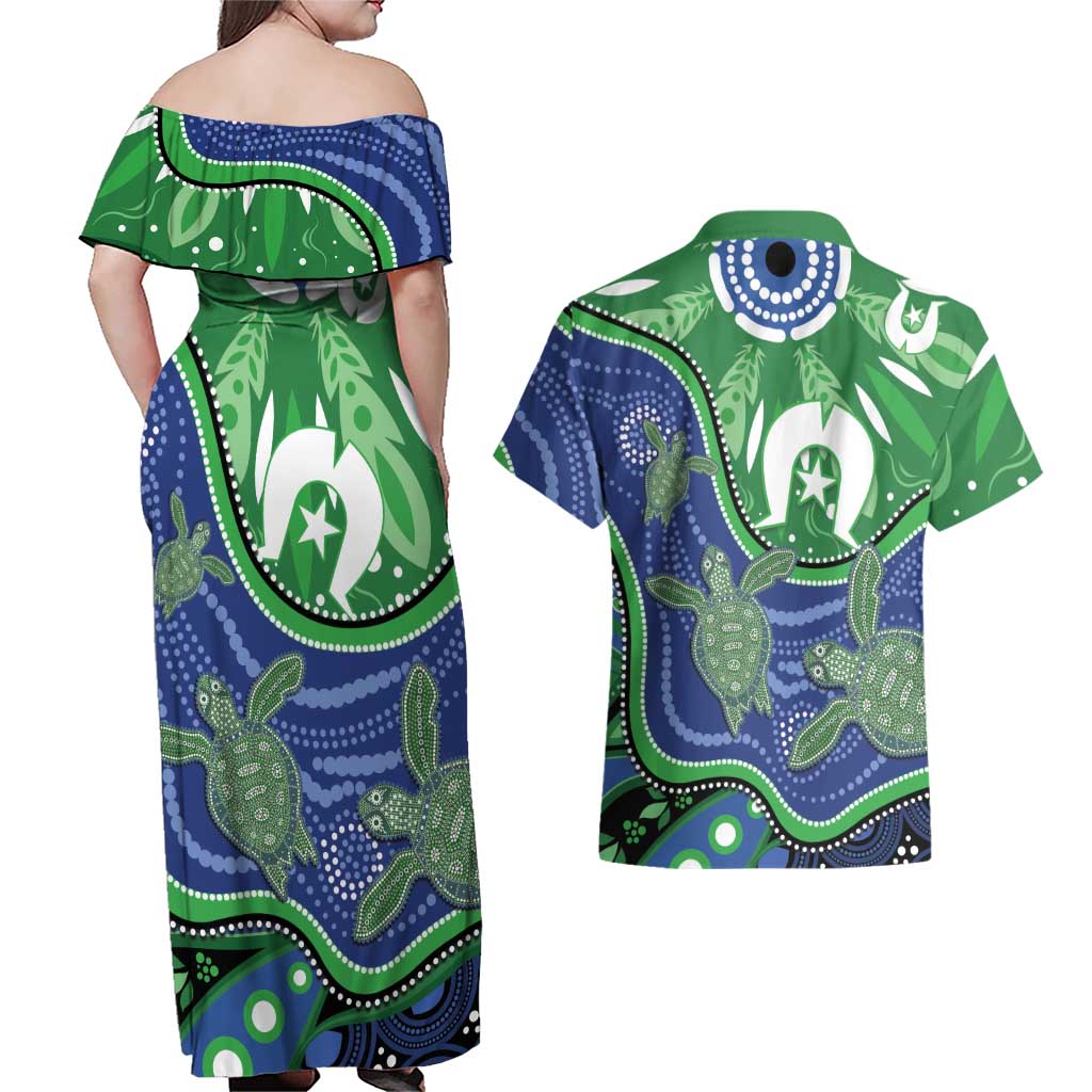 Torres Strait Islands Couples Matching Off Shoulder Maxi Dress and Hawaiian Shirt Dhari Turtles Sea Animal Aboriginal Dot Art