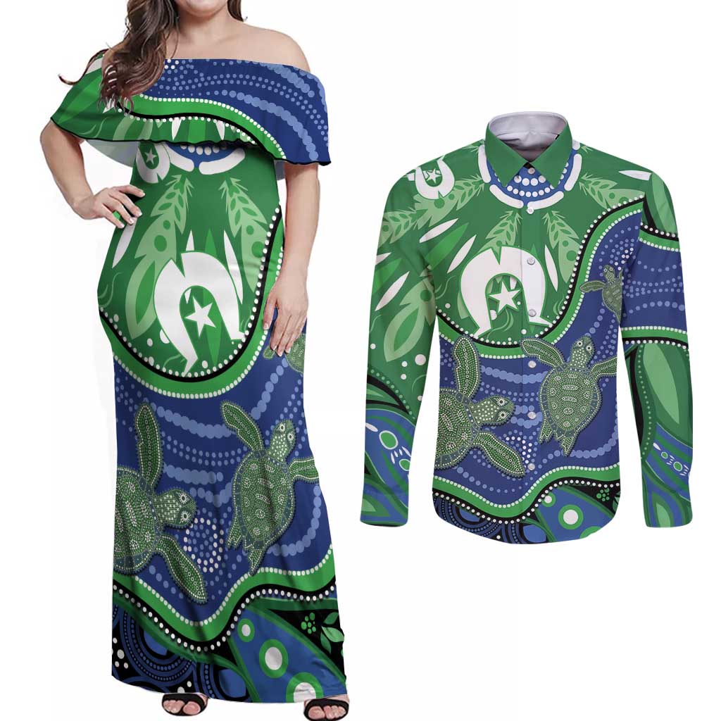 Torres Strait Islands Couples Matching Off Shoulder Maxi Dress and Long Sleeve Button Shirt Dhari Turtles Sea Animal Aboriginal Dot Art