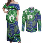 Torres Strait Islands Couples Matching Off Shoulder Maxi Dress and Long Sleeve Button Shirt Dhari Turtles Sea Animal Aboriginal Dot Art