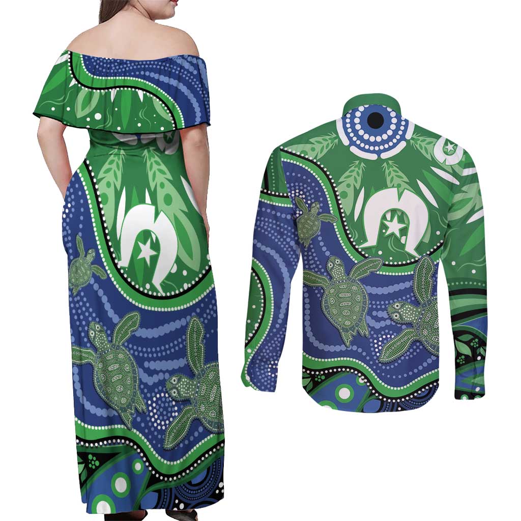 Torres Strait Islands Couples Matching Off Shoulder Maxi Dress and Long Sleeve Button Shirt Dhari Turtles Sea Animal Aboriginal Dot Art