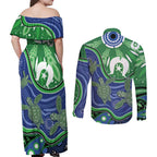 Torres Strait Islands Couples Matching Off Shoulder Maxi Dress and Long Sleeve Button Shirt Dhari Turtles Sea Animal Aboriginal Dot Art