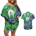 Torres Strait Islands Couples Matching Off Shoulder Short Dress and Hawaiian Shirt Dhari Turtles Sea Animal Aboriginal Dot Art