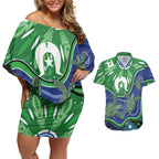 Torres Strait Islands Couples Matching Off Shoulder Short Dress and Hawaiian Shirt Dhari Turtles Sea Animal Aboriginal Dot Art