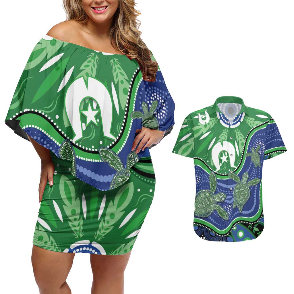 Torres Strait Islands Couples Matching Off Shoulder Short Dress and Hawaiian Shirt Dhari Turtles Sea Animal Aboriginal Dot Art