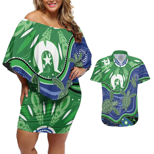 Torres Strait Islands Couples Matching Off Shoulder Short Dress and Hawaiian Shirt Dhari Turtles Sea Animal Aboriginal Dot Art