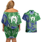 Torres Strait Islands Couples Matching Off Shoulder Short Dress and Hawaiian Shirt Dhari Turtles Sea Animal Aboriginal Dot Art