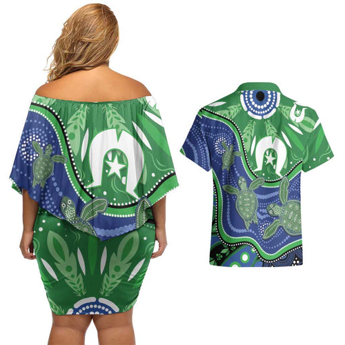 Torres Strait Islands Couples Matching Off Shoulder Short Dress and Hawaiian Shirt Dhari Turtles Sea Animal Aboriginal Dot Art