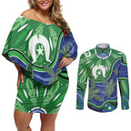 Torres Strait Islands Couples Matching Off Shoulder Short Dress and Long Sleeve Button Shirt Dhari Turtles Sea Animal Aboriginal Dot Art