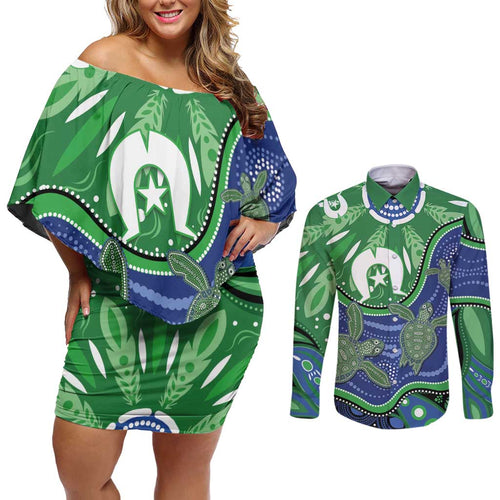 Torres Strait Islands Couples Matching Off Shoulder Short Dress and Long Sleeve Button Shirt Dhari Turtles Sea Animal Aboriginal Dot Art