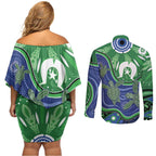 Torres Strait Islands Couples Matching Off Shoulder Short Dress and Long Sleeve Button Shirt Dhari Turtles Sea Animal Aboriginal Dot Art