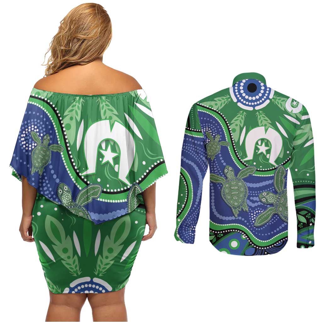 Torres Strait Islands Couples Matching Off Shoulder Short Dress and Long Sleeve Button Shirt Dhari Turtles Sea Animal Aboriginal Dot Art