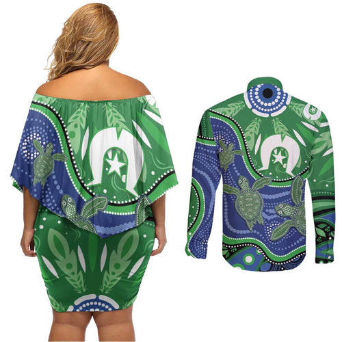 Torres Strait Islands Couples Matching Off Shoulder Short Dress and Long Sleeve Button Shirt Dhari Turtles Sea Animal Aboriginal Dot Art