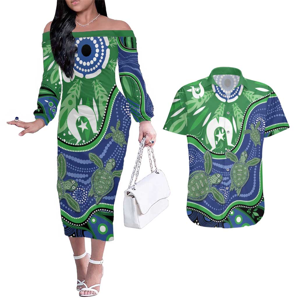 Torres Strait Islands Couples Matching Off The Shoulder Long Sleeve Dress and Hawaiian Shirt Dhari Turtles Sea Animal Aboriginal Dot Art