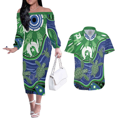 Torres Strait Islands Couples Matching Off The Shoulder Long Sleeve Dress and Hawaiian Shirt Dhari Turtles Sea Animal Aboriginal Dot Art