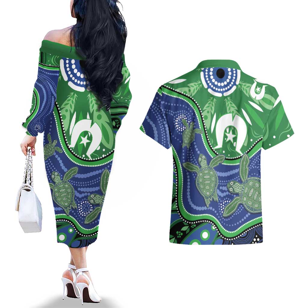 Torres Strait Islands Couples Matching Off The Shoulder Long Sleeve Dress and Hawaiian Shirt Dhari Turtles Sea Animal Aboriginal Dot Art