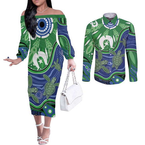 Torres Strait Islands Couples Matching Off The Shoulder Long Sleeve Dress and Long Sleeve Button Shirt Dhari Turtles Sea Animal Aboriginal Dot Art