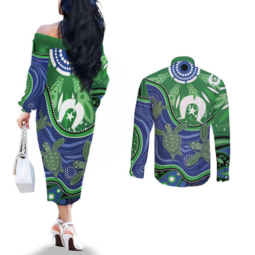 Torres Strait Islands Couples Matching Off The Shoulder Long Sleeve Dress and Long Sleeve Button Shirt Dhari Turtles Sea Animal Aboriginal Dot Art