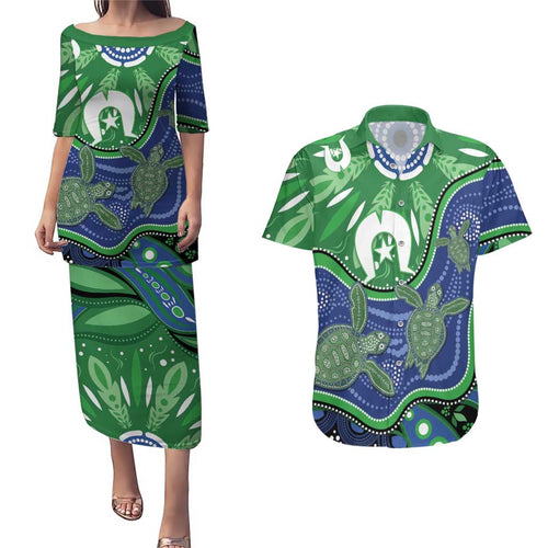 Torres Strait Islands Couples Matching Puletasi and Hawaiian Shirt Dhari Turtles Sea Animal Aboriginal Dot Art