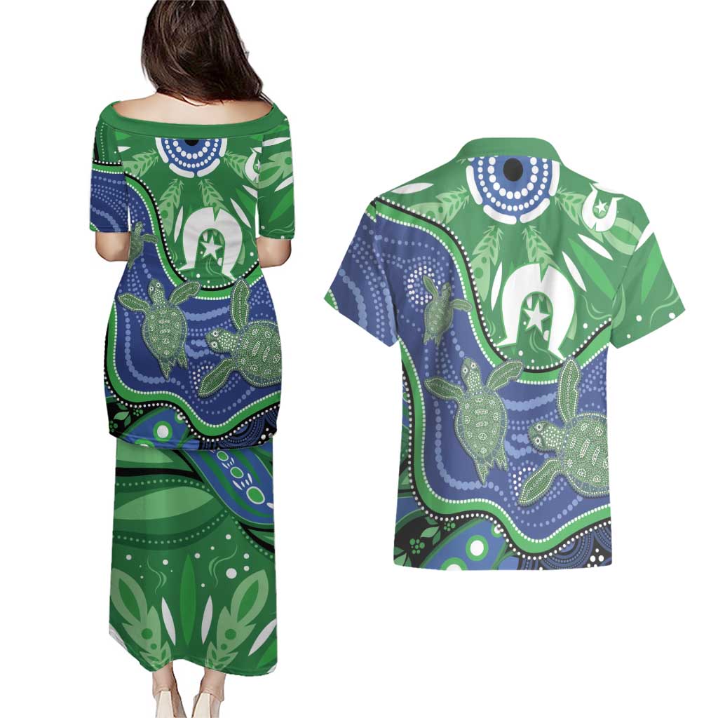 Torres Strait Islands Couples Matching Puletasi and Hawaiian Shirt Dhari Turtles Sea Animal Aboriginal Dot Art