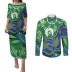 Torres Strait Islands Couples Matching Puletasi and Long Sleeve Button Shirt Dhari Turtles Sea Animal Aboriginal Dot Art