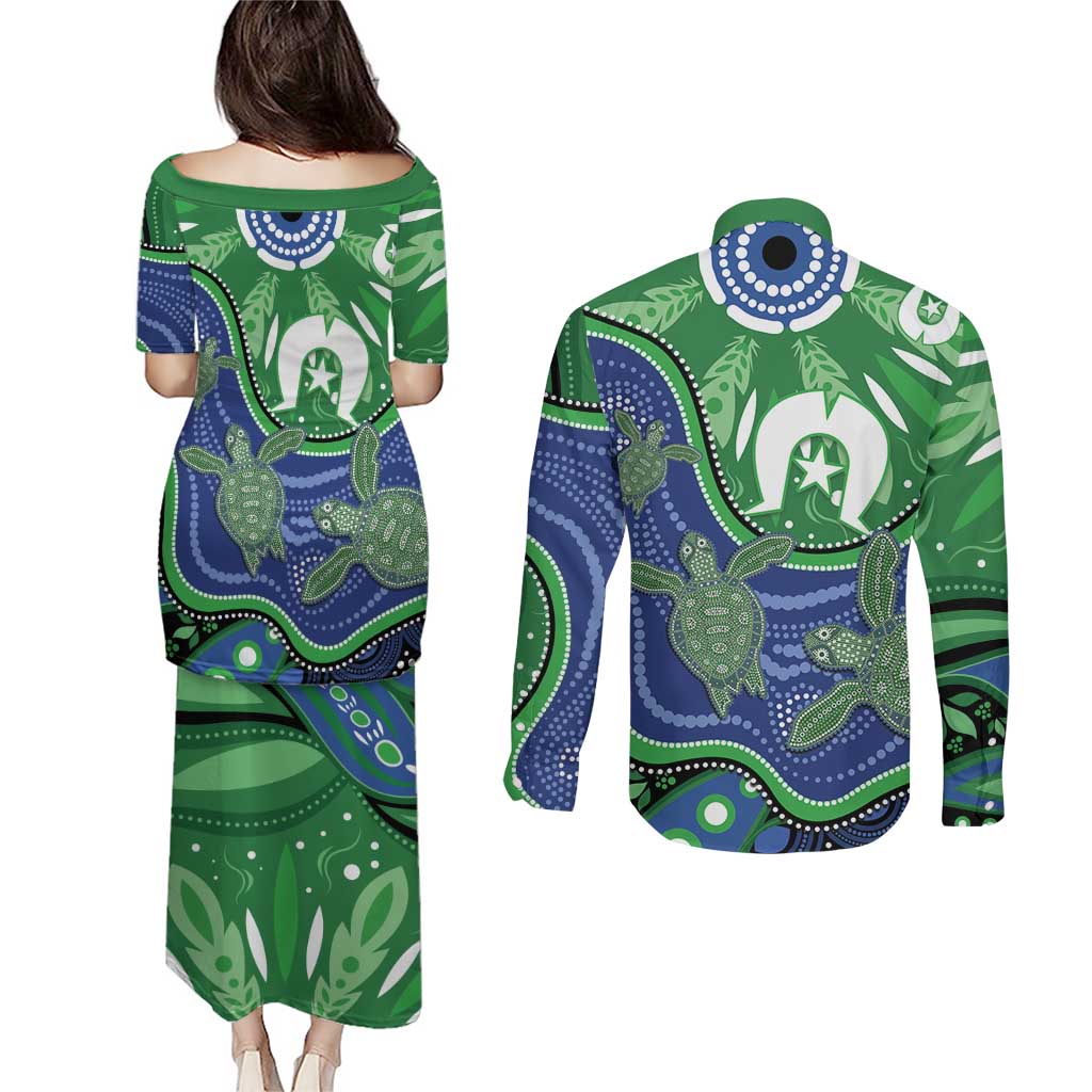 Torres Strait Islands Couples Matching Puletasi and Long Sleeve Button Shirt Dhari Turtles Sea Animal Aboriginal Dot Art