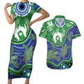 Torres Strait Islands Couples Matching Short Sleeve Bodycon Dress and Hawaiian Shirt Dhari Turtles Sea Animal Aboriginal Dot Art