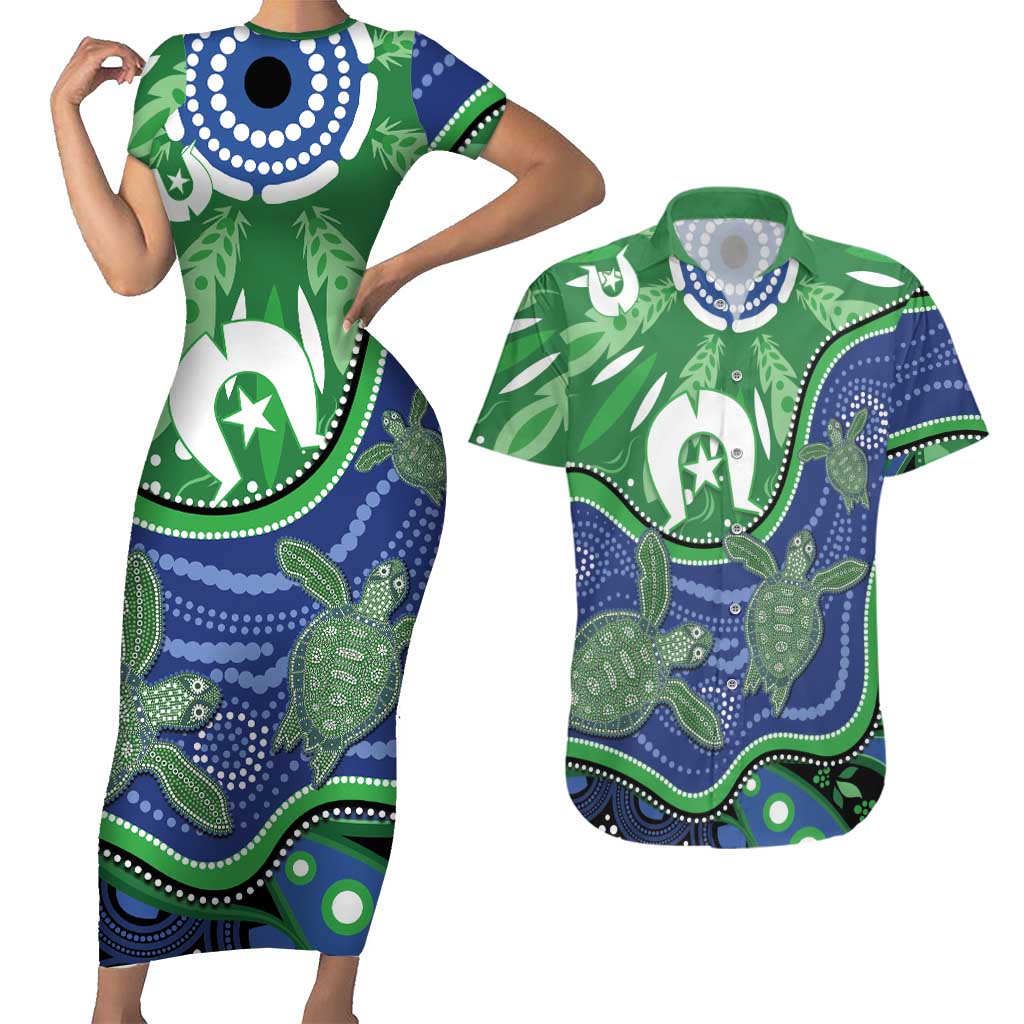 Torres Strait Islands Couples Matching Short Sleeve Bodycon Dress and Hawaiian Shirt Dhari Turtles Sea Animal Aboriginal Dot Art