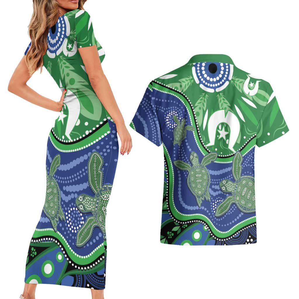 Torres Strait Islands Couples Matching Short Sleeve Bodycon Dress and Hawaiian Shirt Dhari Turtles Sea Animal Aboriginal Dot Art