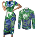 Torres Strait Islands Couples Matching Short Sleeve Bodycon Dress and Long Sleeve Button Shirt Dhari Turtles Sea Animal Aboriginal Dot Art