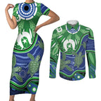 Torres Strait Islands Couples Matching Short Sleeve Bodycon Dress and Long Sleeve Button Shirt Dhari Turtles Sea Animal Aboriginal Dot Art