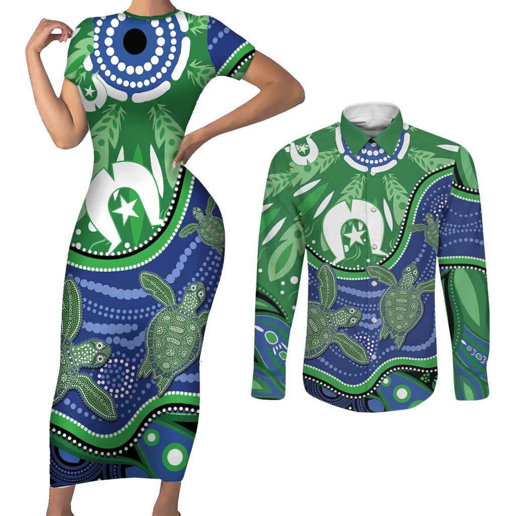 Torres Strait Islands Couples Matching Short Sleeve Bodycon Dress and Long Sleeve Button Shirt Dhari Turtles Sea Animal Aboriginal Dot Art