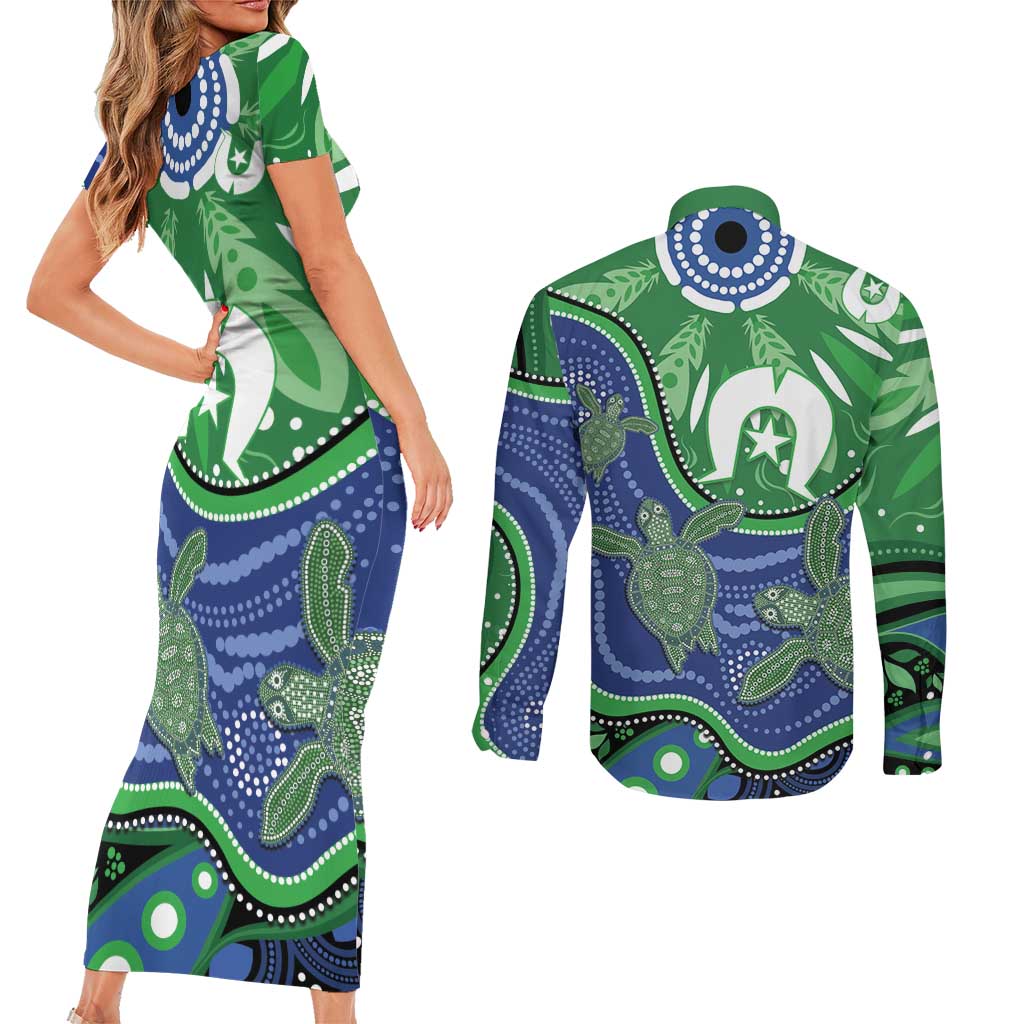 Torres Strait Islands Couples Matching Short Sleeve Bodycon Dress and Long Sleeve Button Shirt Dhari Turtles Sea Animal Aboriginal Dot Art