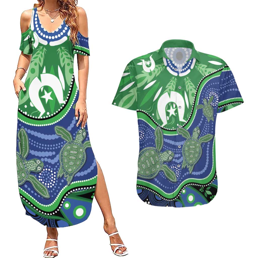 Torres Strait Islands Couples Matching Summer Maxi Dress and Hawaiian Shirt Dhari Turtles Sea Animal Aboriginal Dot Art