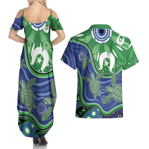 Torres Strait Islands Couples Matching Summer Maxi Dress and Hawaiian Shirt Dhari Turtles Sea Animal Aboriginal Dot Art