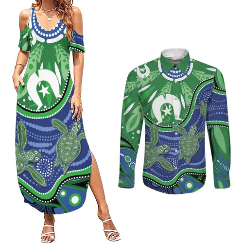 Torres Strait Islands Couples Matching Summer Maxi Dress and Long Sleeve Button Shirt Dhari Turtles Sea Animal Aboriginal Dot Art