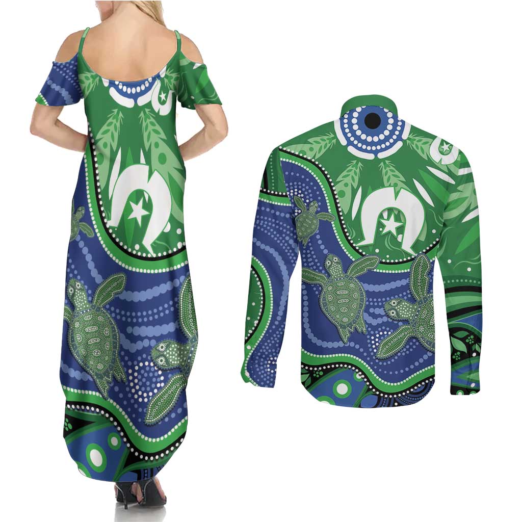 Torres Strait Islands Couples Matching Summer Maxi Dress and Long Sleeve Button Shirt Dhari Turtles Sea Animal Aboriginal Dot Art