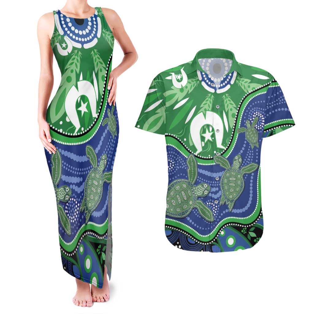 Torres Strait Islands Couples Matching Tank Maxi Dress and Hawaiian Shirt Dhari Turtles Sea Animal Aboriginal Dot Art
