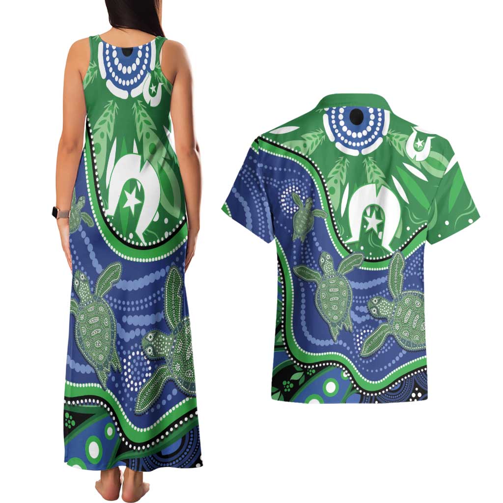 Torres Strait Islands Couples Matching Tank Maxi Dress and Hawaiian Shirt Dhari Turtles Sea Animal Aboriginal Dot Art
