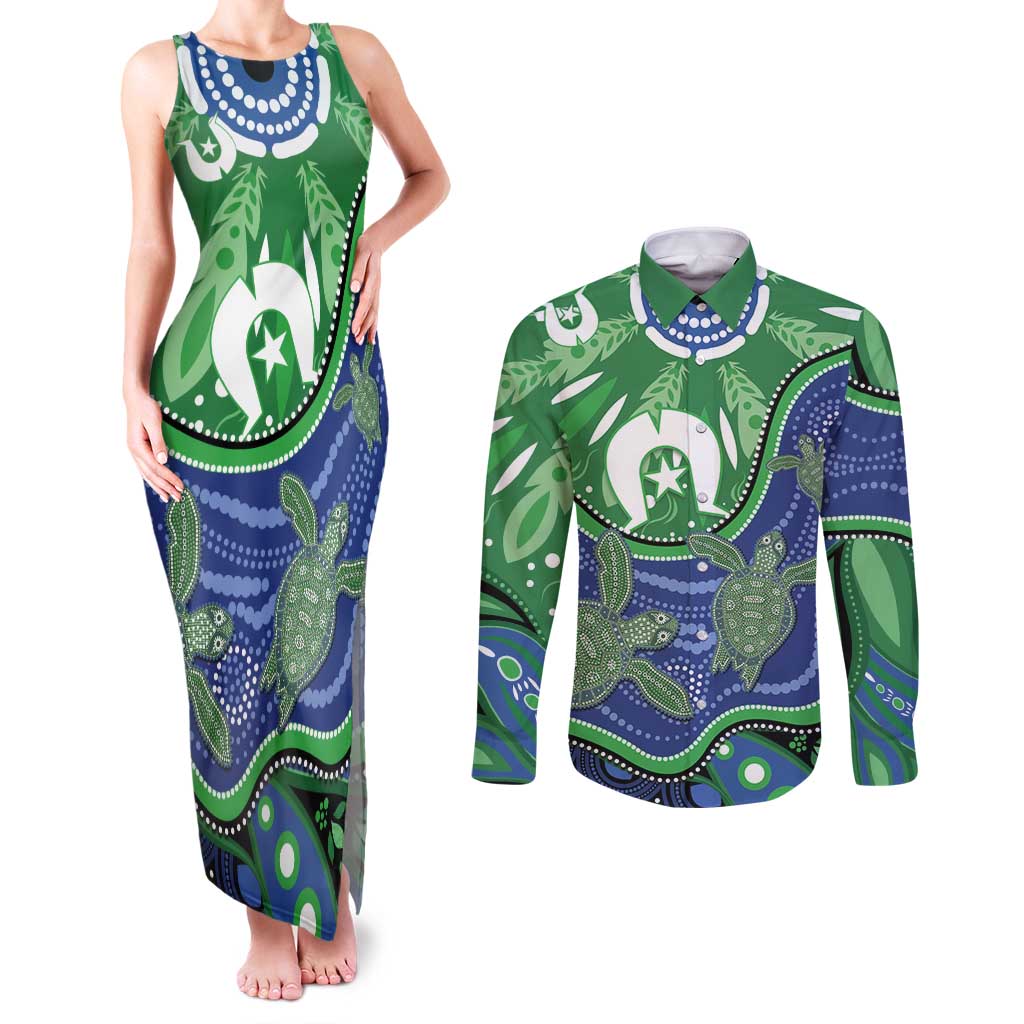 Torres Strait Islands Couples Matching Tank Maxi Dress and Long Sleeve Button Shirt Dhari Turtles Sea Animal Aboriginal Dot Art