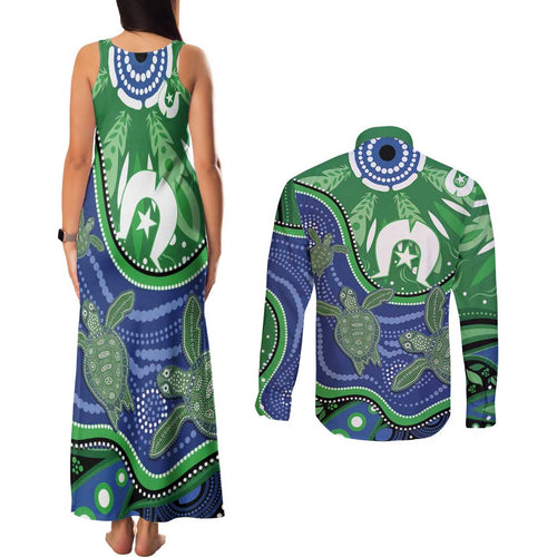 Torres Strait Islands Couples Matching Tank Maxi Dress and Long Sleeve Button Shirt Dhari Turtles Sea Animal Aboriginal Dot Art