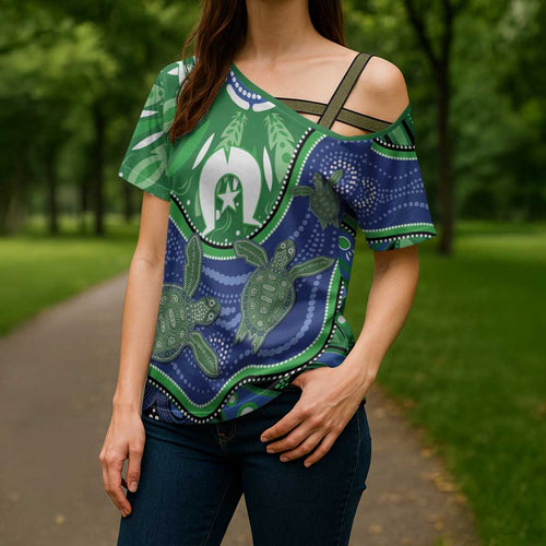 Torres Strait Islands Cross Shoulder Shirt Dhari Turtles Sea Animal Aboriginal Dot Art