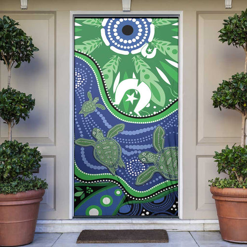 Torres Strait Islands Door Cover Dhari Turtles Sea Animal Aboriginal Dot Art