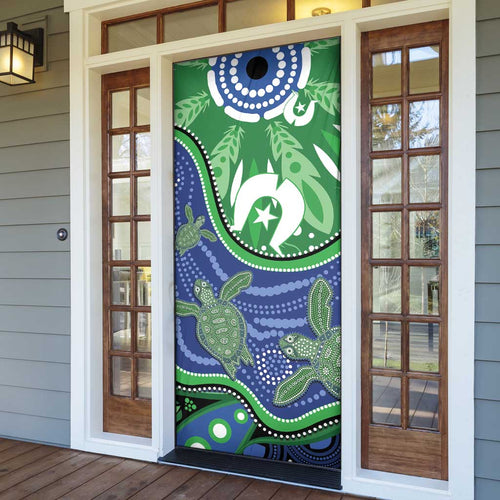 Torres Strait Islands Door Cover Dhari Turtles Sea Animal Aboriginal Dot Art