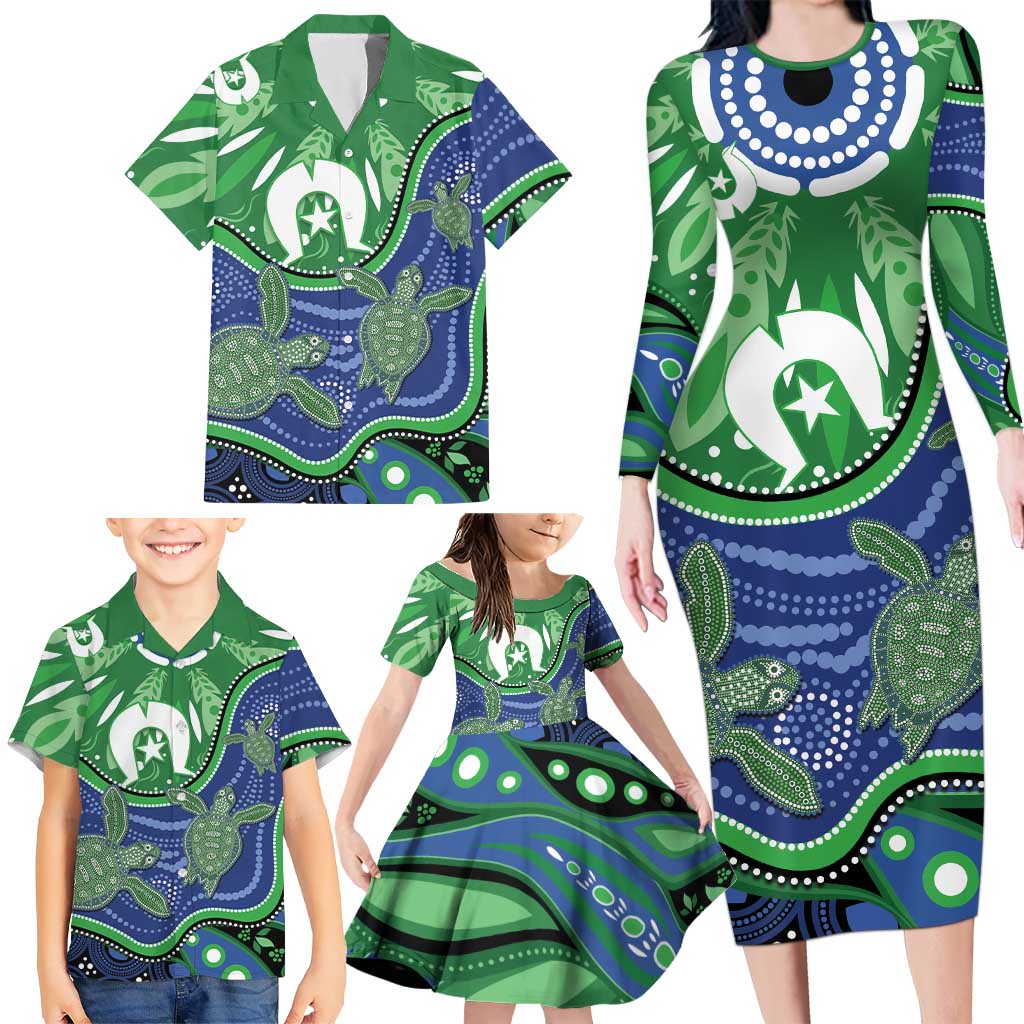 Torres Strait Islands Family Matching Long Sleeve Bodycon Dress and Hawaiian Shirt Dhari Turtles Sea Animal Aboriginal Dot Art