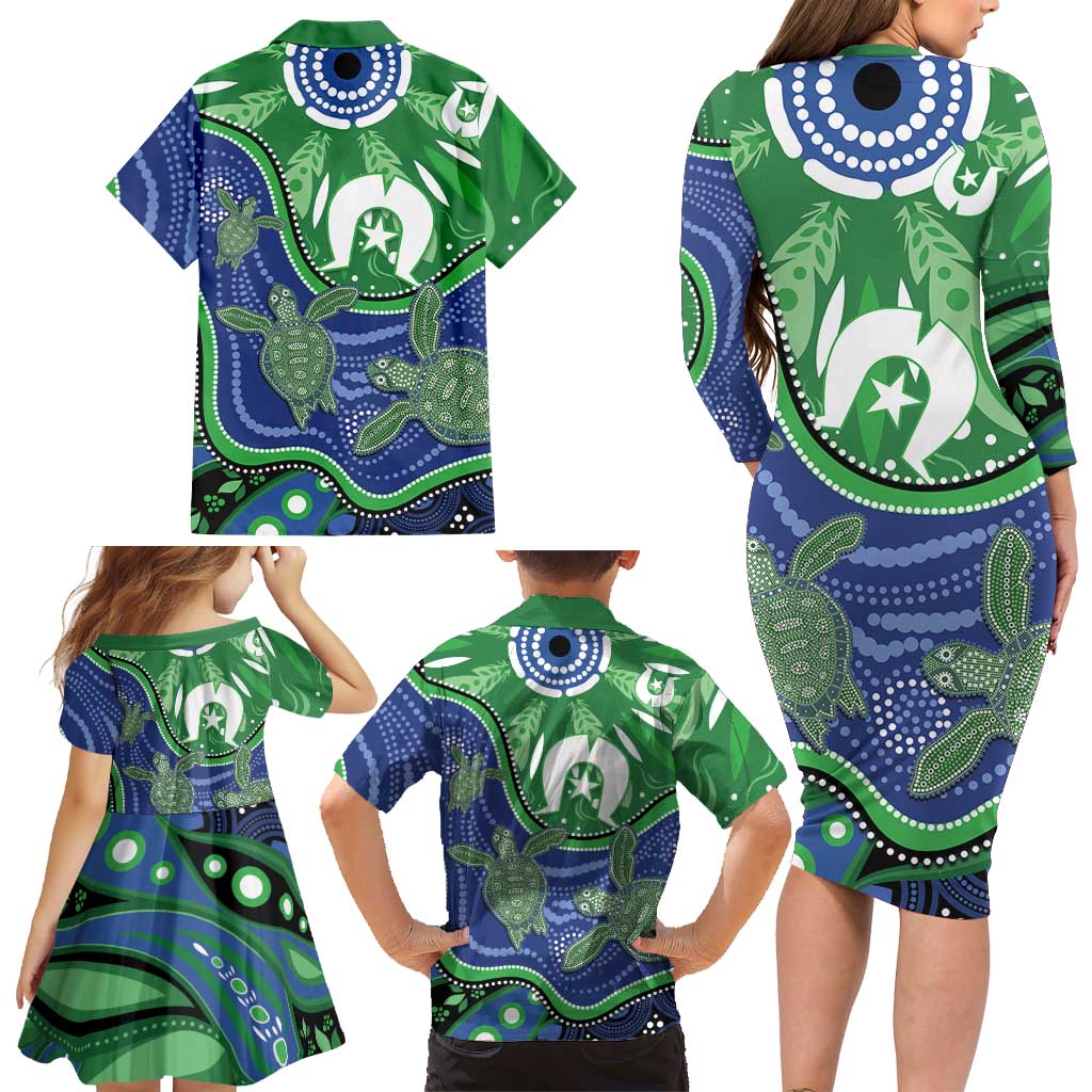 Torres Strait Islands Family Matching Long Sleeve Bodycon Dress and Hawaiian Shirt Dhari Turtles Sea Animal Aboriginal Dot Art