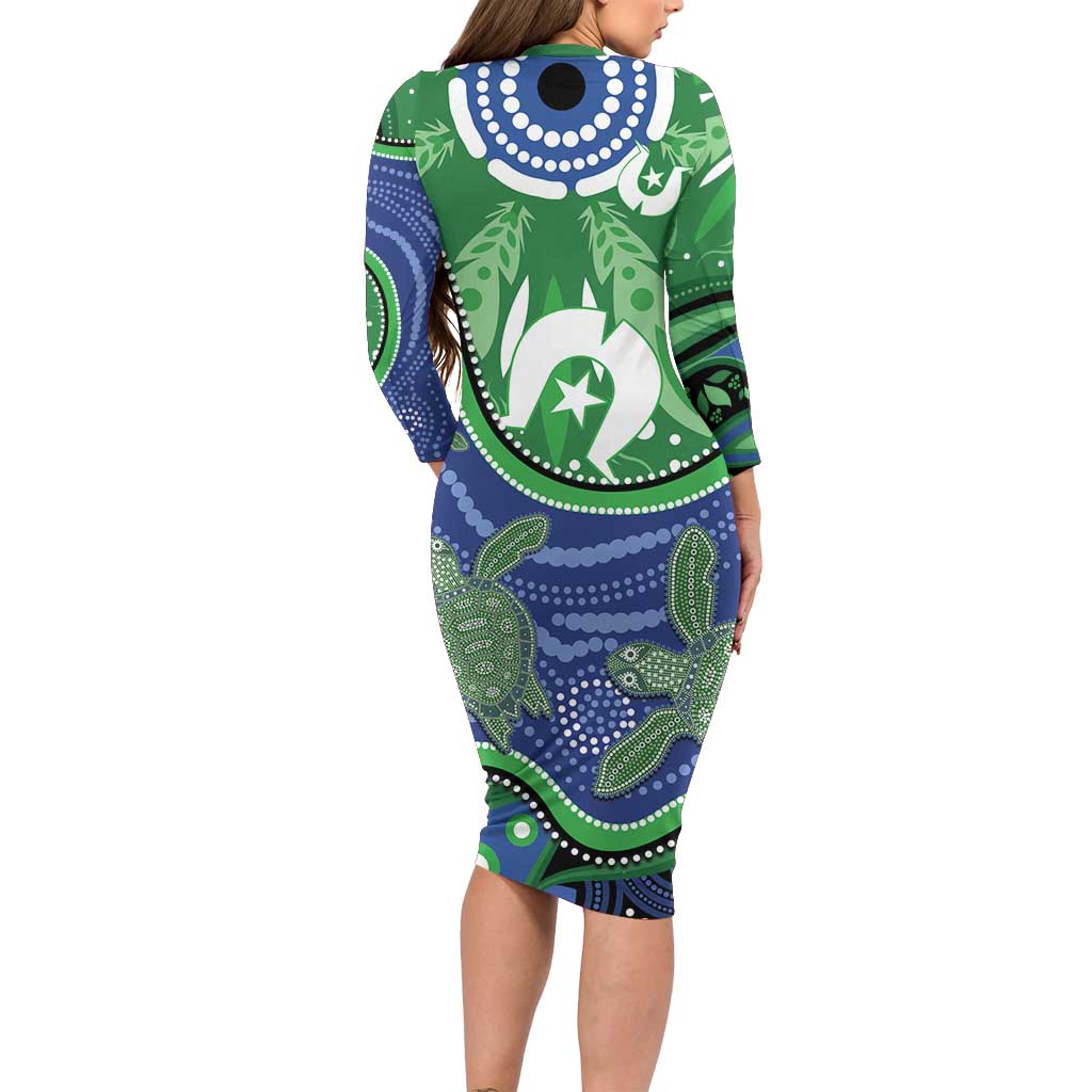 Torres Strait Islands Family Matching Long Sleeve Bodycon Dress and Hawaiian Shirt Dhari Turtles Sea Animal Aboriginal Dot Art