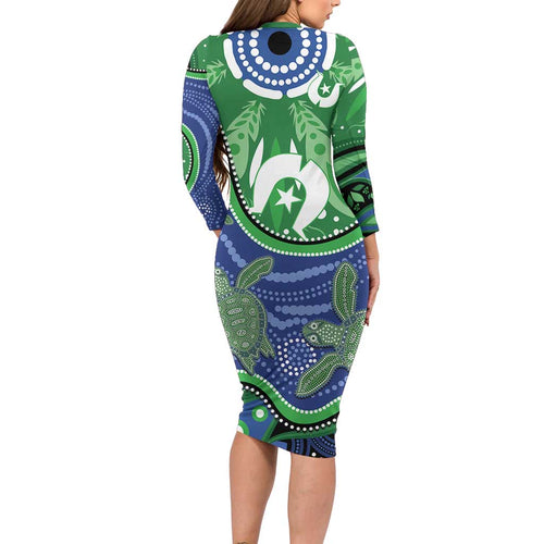 Torres Strait Islands Family Matching Long Sleeve Bodycon Dress and Hawaiian Shirt Dhari Turtles Sea Animal Aboriginal Dot Art