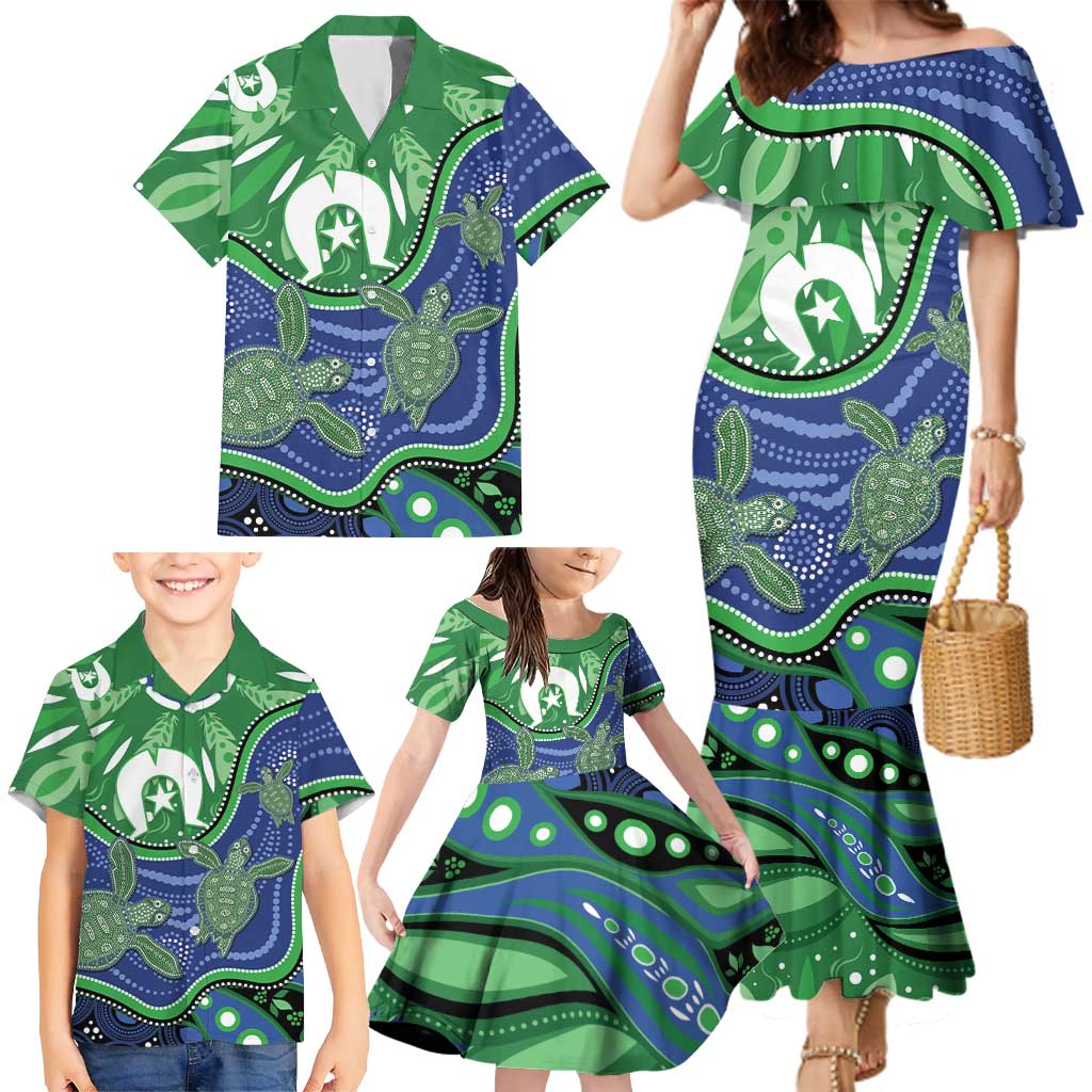 Torres Strait Islands Family Matching Mermaid Dress and Hawaiian Shirt Dhari Turtles Sea Animal Aboriginal Dot Art
