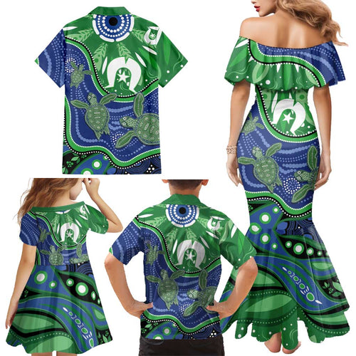 Torres Strait Islands Family Matching Mermaid Dress and Hawaiian Shirt Dhari Turtles Sea Animal Aboriginal Dot Art