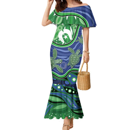 Torres Strait Islands Family Matching Mermaid Dress and Hawaiian Shirt Dhari Turtles Sea Animal Aboriginal Dot Art